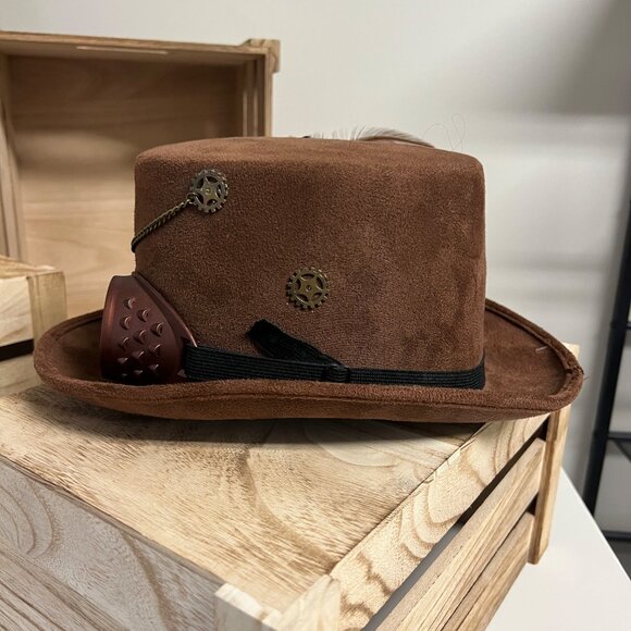 NWT Steampunk Top Hat Brown Suede With Goggles & Feathers Halloween Costume - Picture 2 of 8